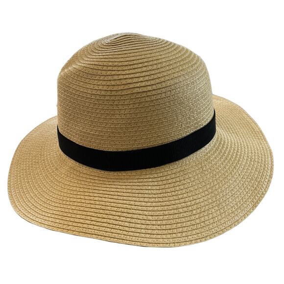 J Crew Womens Packable Sun Hat M-L Natural Tan Black Ribbon - Picture 6 of 10